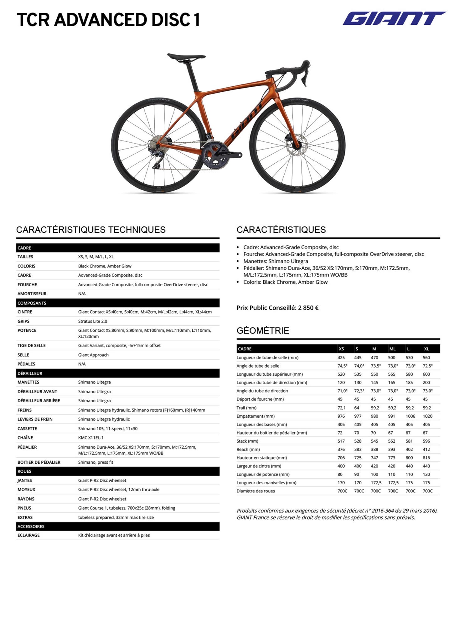 Fiche technique du velo TCR Advanced  1 Disc Pro Compact